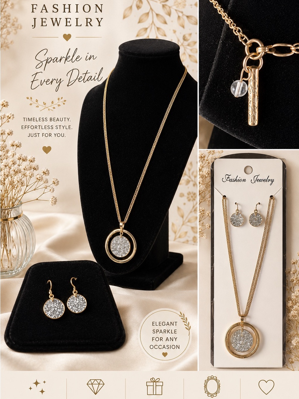 Fashion Jewelry Gold and Silver Sparkle Pendant Necklace with Matching Earrings